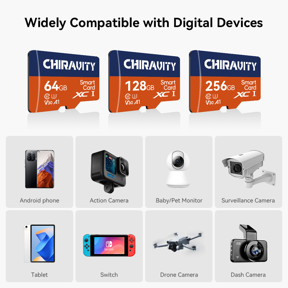 CHIRAVITY Micro SD Card 128GB  UHS-I U3 V30 A1, 100MB/s High Speed Memory Card, Class 10 TF Card for 4K UHD Video, Camera, Drone, Smartphone, Dash Cam