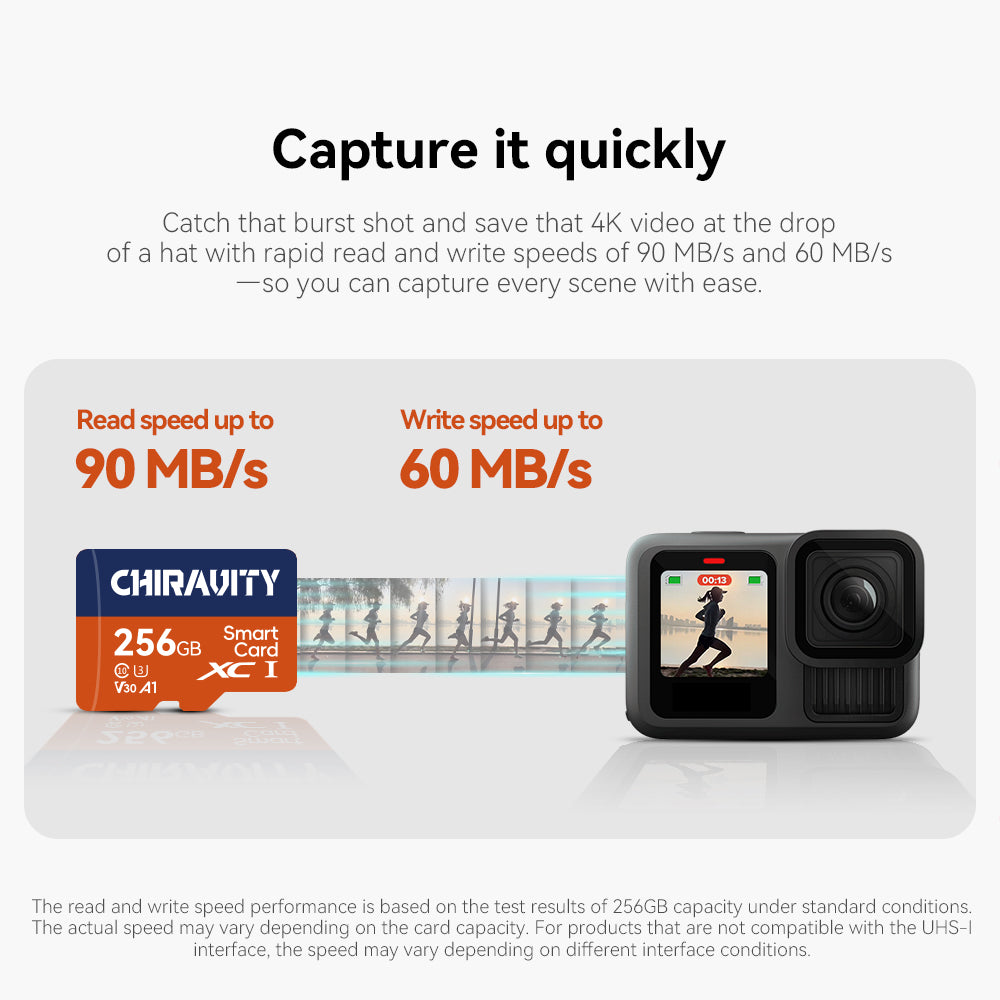 CHIRAVITY Micro SD Card 128GB  UHS-I U3 V30 A1, 100MB/s High Speed Memory Card, Class 10 TF Card for 4K UHD Video, Camera, Drone, Smartphone, Dash Cam