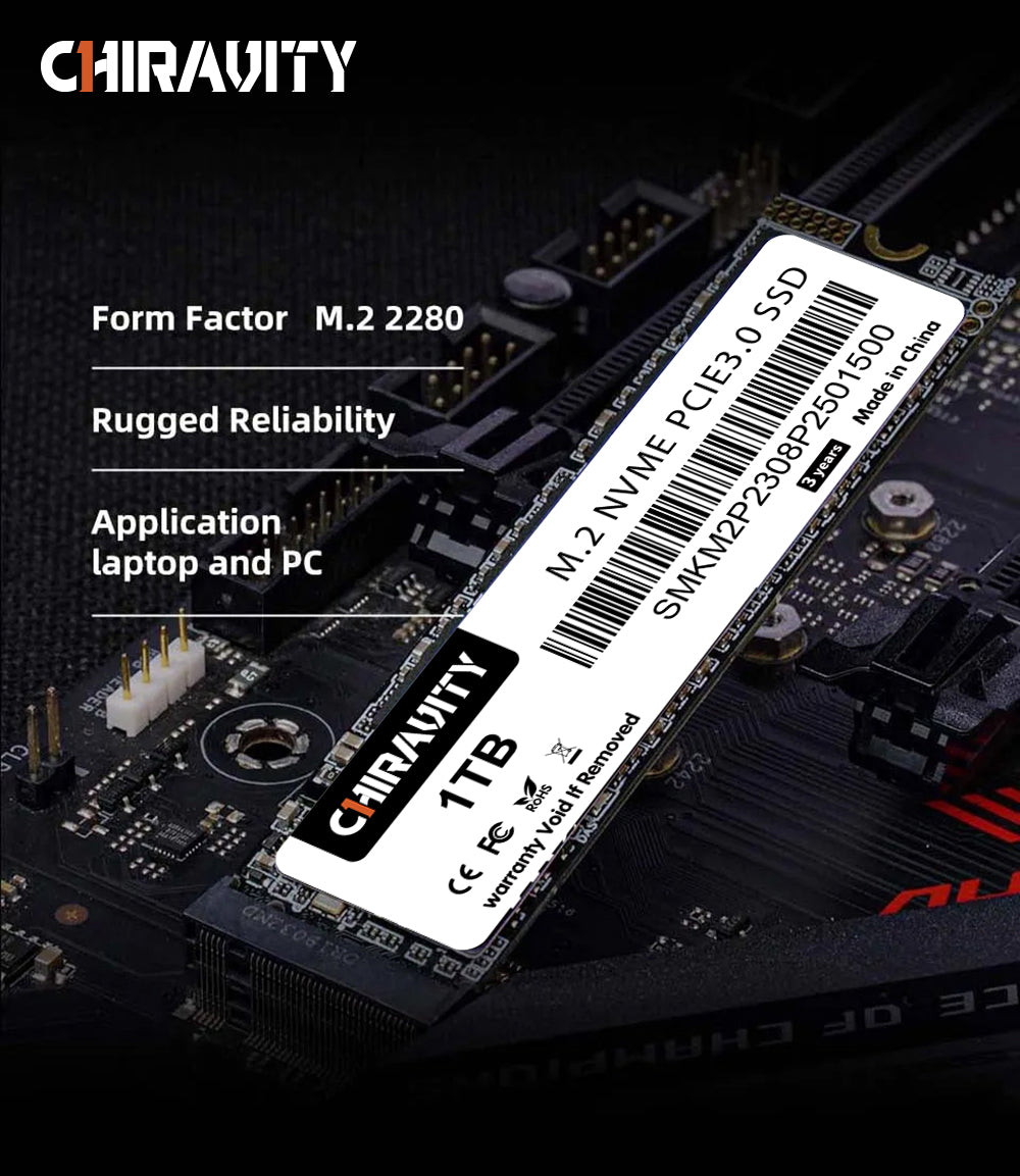 CHIRAVITY M.2 PCIE 3.0 SSD 128GB 256GB 512GB 3D NAND TLC NVMe 1.3 PCIe Gen3x4 M.2 2280 Internal SSD with Laptop & PC Desktop SSD
